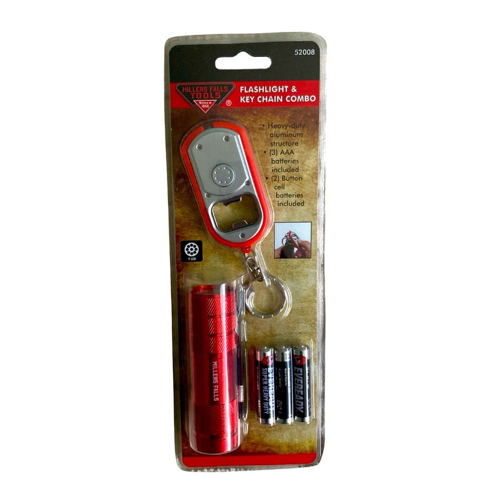 Millers Falls Tools Red Aluminum Flashlight & Key Chain/Bottle Opener Combo